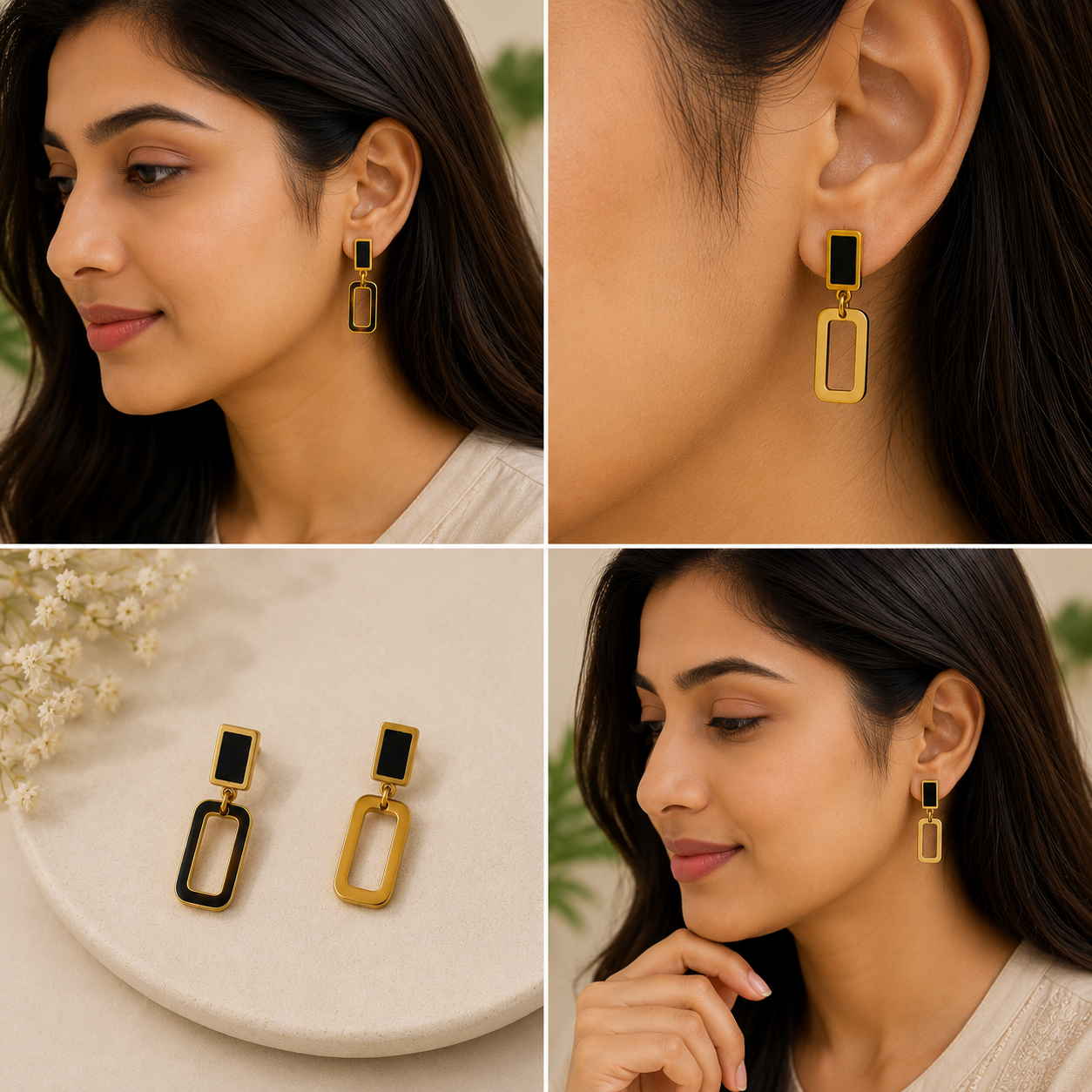 Geometric Black & Gold Stainless Steel Dangle Earrings alt