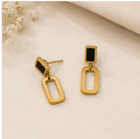 Geometric Black & Gold Stainless Steel Dangle Earrings